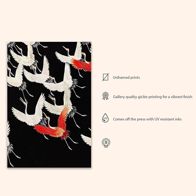OZCONO Japanese Flying Cranes Wall Art Print, Black and Red Traditional Art, Unframed Gallery Quality Giclée Print (40L x 27W)