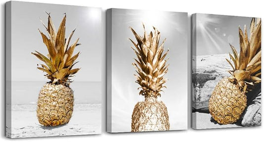 Canvas Wall Art For Bar Kitchen Living Room Office Bathroom Home Decoration Board Black And White Beach Scenery Golden Pineapple Pictures Artwork Restaurant Wall Decor Ready To Hang 20x28inch 3 Piece