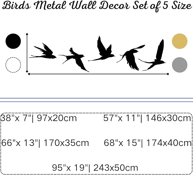 Metal Bird Wall Decor, Birds Metal Wall Decor Set of 5, Metal Birds Wall Art, Metal Birds Outdoor Decor, Bird Wall Art, Bird Art Wall Decor, Birds Sign, Metal Garden Decor (Black, 68"x 15"| 174x40cm)