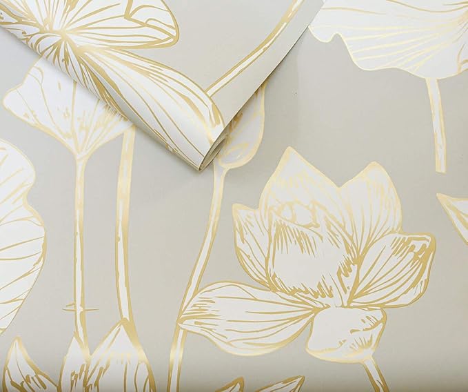NextWall Lotus Floral Peel and Stick Wallpaper (Metallic Gold & Gray)
