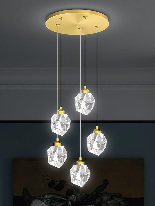 5-Light Raindrop Pendant Light, Gold Kitchen Island Hanging Light Fixtures, Modern Art Raindrop Clear Solid Crystal Chandelier for Dining Room Living Room Foyer