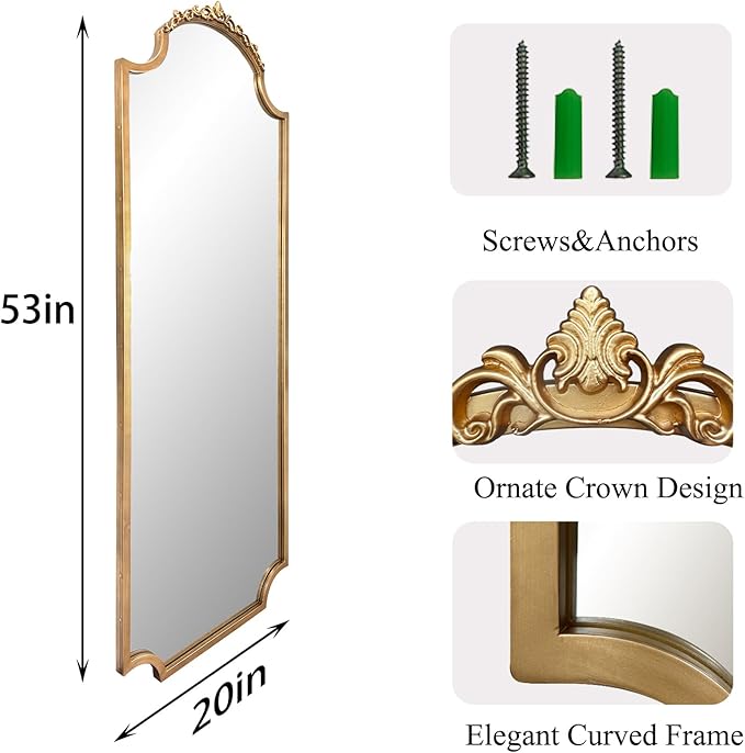 Large Gold Vintage Mirror, 53"x20" Arched Standing Floor Mirror, Ornate Baroque Mirrors, Traditional Carved Mantel Mirrors for Living Room Fireplace Bathroom Bedroom Entryway