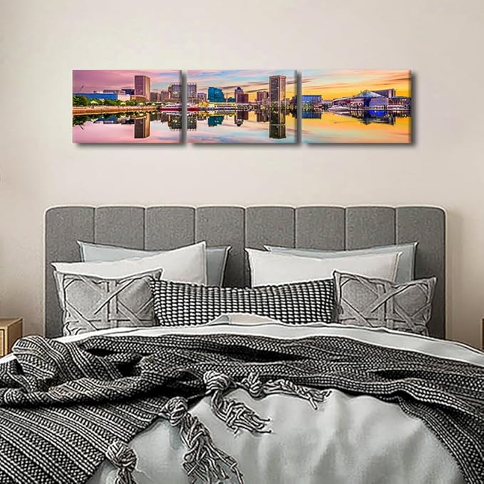 Canvas Wall Art for Living Room Baltimore Maryland Modern Home Decor USA Skyline on the Inner Harbor HD Printed Posters for Bedroom Office Wall Art Painting Bathroom Pictures Ready to Hang 14x60 Inch