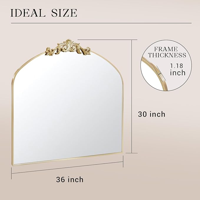 MISSDAY Vintage Retro Gold Baroque Mirror for Wall, 36"X30" Arched Antique Wall Mirror with Elegant Carving Top, Full Metal Frame Wall-Mounted Mirror for Bathroom, Living Room, Fireplace, Entryway