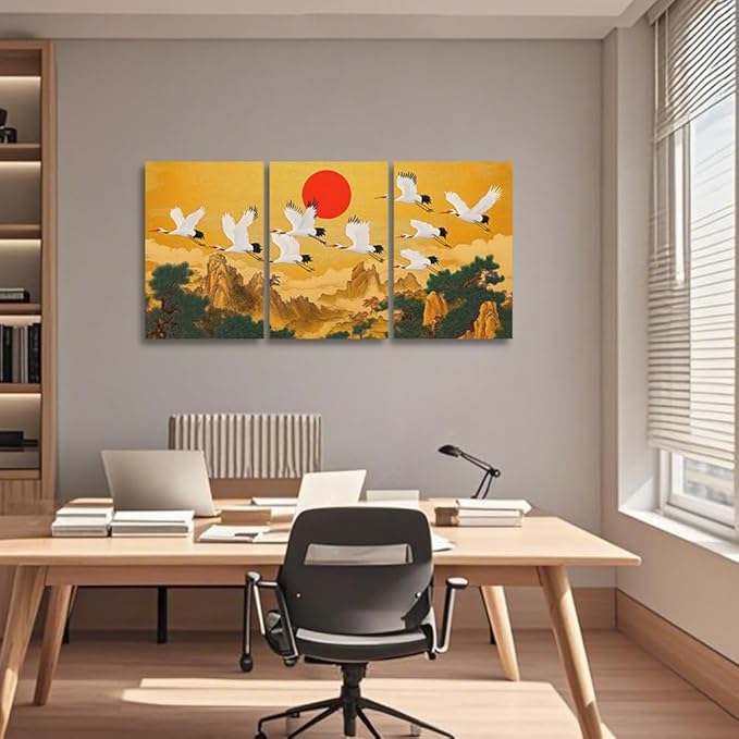 YMXZHUANSH Flying Crane & Mountain Water Painting 3 Peice Chinese Landscape Picture Oriental Wall Art with Red Sun Asian Decor for Living Room Study Tea House 12x16inchx3 (30x40cmx3)