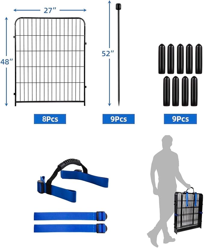 ADAVIN 48 in(H) Garden Fence Panels, 8 Panels Total 17.7 Ft(L), Heavy Duty Iron Metal Animal Barrier Fence, Fencing for Flowers Beds, Camping Fence, No Dig Garden Border Fencing for Yard（No Gate）