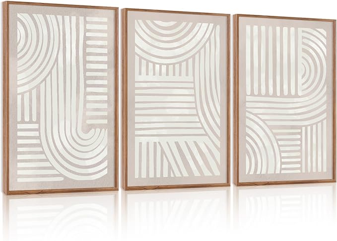 Large Abstract Neutral Geometric Framed Canvas Wall Art,Boho Minimalist Shapes Wall Decor,Modern Lines Artwork,Mid Century Arch Art Print for Living Room,Bedroom,Office- 16"x24"x3