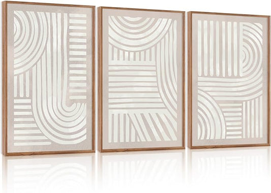 Large Abstract Neutral Geometric Framed Canvas Wall Art,Boho Minimalist Shapes Wall Decor,Modern Lines Artwork,Mid Century Arch Art Print for Living Room,Bedroom,Office- 16"x24"x3