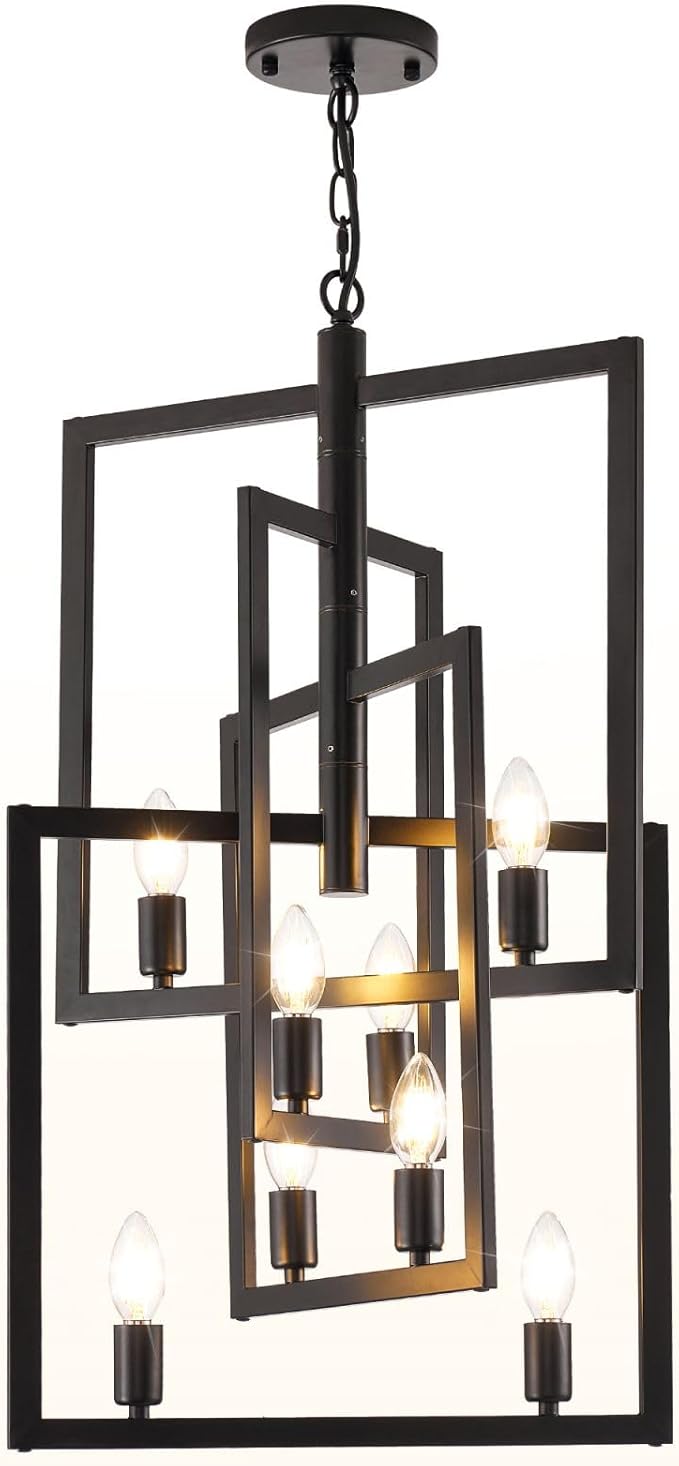 Black Farmhouse Chandelier, 8-Light Lantern Pendant Light Fixtures, Rustic Industrial Foyer Lighting Fixtures, Large Chandeliers for High Ceilings, for Kitchen Island, Hallway, Staircase, Entryway