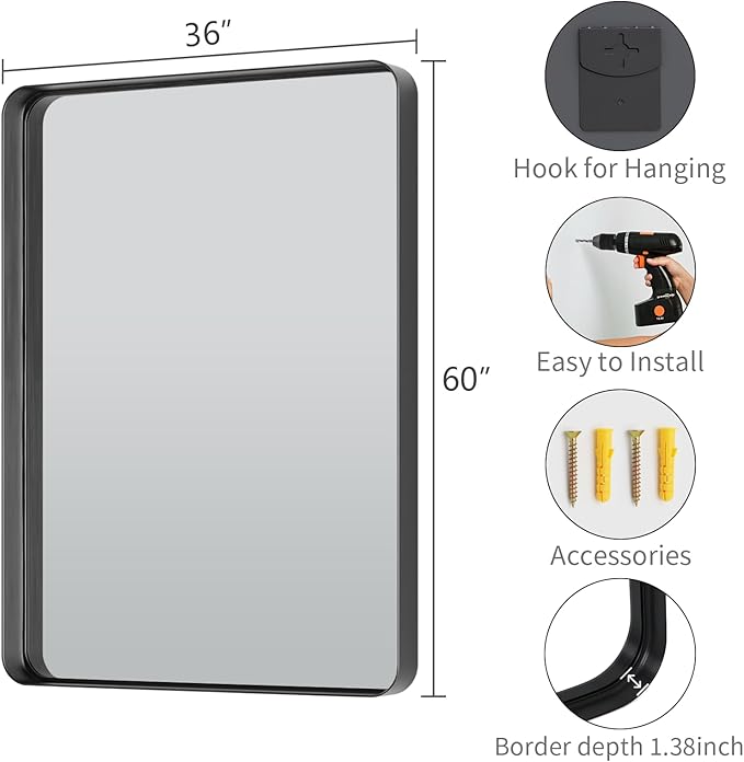 Koonmi Black Wall Mirror for Bathroom, 36x60 Inch Matte Deep Framed Rounded Rectangle Vanity Mirror for Farmhouse Living Room, Tempered Glass, Anti-Rust, Vertically or Horizontally