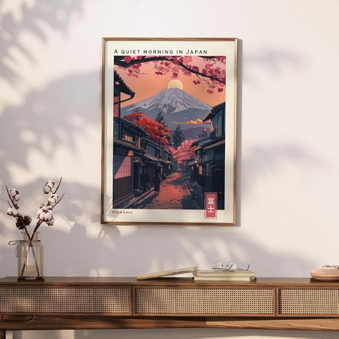 Mount Fuji Poster, Japanese Wall Art Print with Cherry Blossoms, Vintage Travel Landscape Artwork, Japandi Asian Home Decor for Living Room, Bedroom or Office (Unframed) (24x36)