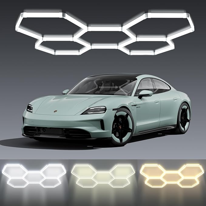 3 Colors Hexagon LED Shop Lights, 192W 23040LM Garage Ceiling Lights, Hardwire or Plug-in, IP62, Flicker-Free, Expandable DIY Design for Workshop Garage Gym, 25 Pack