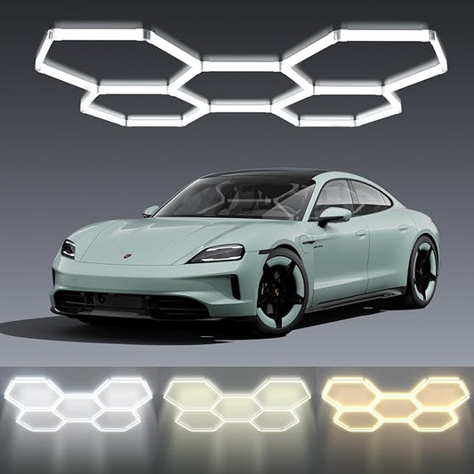 3 Colors Hexagon LED Shop Lights, 192W 23040LM Garage Ceiling Lights, Hardwire or Plug-in, IP62, Flicker-Free, Expandable DIY Design for Workshop Garage Gym, 25 Pack