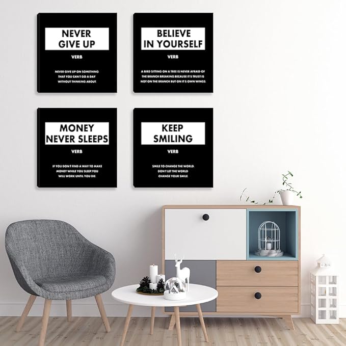 Motivational Framed Wall Art - Inspirational Office Quotes Wall Decor for Living Room Bedroom Black White Canvas Wall Art Wall Painting Picture Posters Artwork - 12"x12"x4PCS