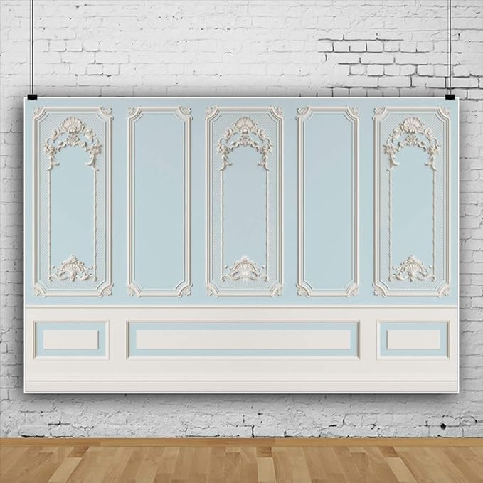 Leyiyi 5x3ft Blue White Vintage Room Inside Backdrop European Frame Modern House French Castle Cementery Wall Retro Style Photo Background Cowboy Kids Birthday Portrait Studio Props Vinyl Wallpaper