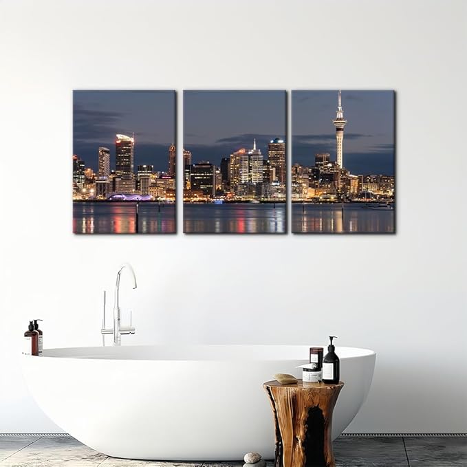 Pacimo Auckland Cityscape Wall Art - Framed Canvas Painting Prints with City Night Skyline Design - Perfect for Modern Artwork Home Decor Wall Decor for Living Room Bedroom Office - 20"x28"x3 Panels