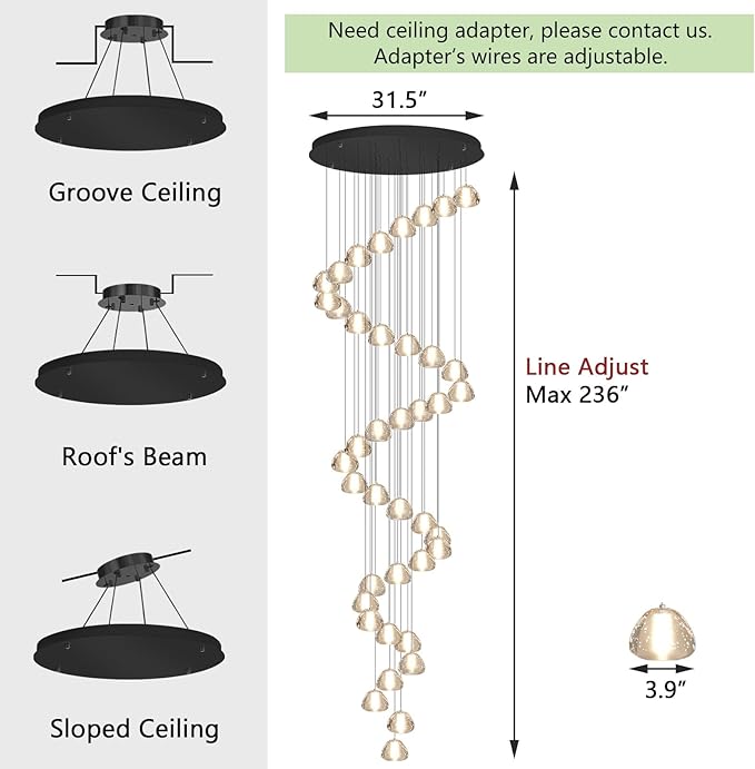 236'' Long Large Crystal Chandeliers LED Chandeliers for High Ceiling Handing Light Fixture for Entrance Hallway Foyer Staircase Lobby Black