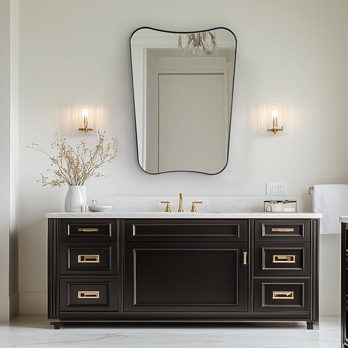 ANDY STAR Matte Black Vanity Mirror, 24"x32" Scalloped Mirror for Bathroom, Asymmetrical Wall Mirror, Unique Shape Ideal for Bathroom, Entryway, Mantle