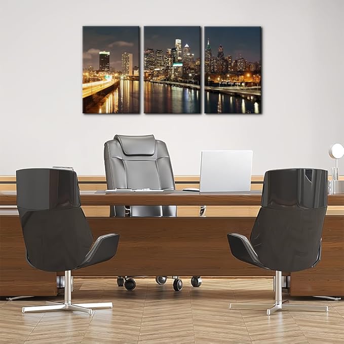Pacimo - Cityscape Canvas Wall Art - Philadelphia Skyline with Urban Architecture - Modern Artwork Painting Prints for Home Decor Gallery Wrapped Stretched and Framed Ready to Hang - 16"x24"x3 Panels