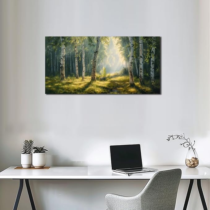 Nature Wall Art Forest Scenery Wall Art Landscape Pictures Green Birch Tree Canvas Print Beautiful Painting Decor for Living Room Mountain Canvas for Home Office Decorations 20x40Inch