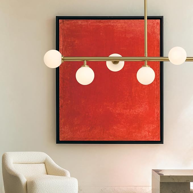 Mid Century Chandelier, Gold Brass Sputnik Pendant Light with White Glass Lampshade,7 Lights Globe Rectangle Linear Chandeliers for Dining Room Kitchen L43.3INxW11.8IN