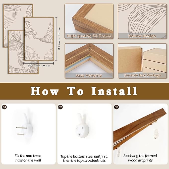 BINCUE Framed Neutral Beige Wall Art Modern Abstract Art Decor Minimalist Artwork for Living Room Bedroom Office 16x24 Inches Set of 3