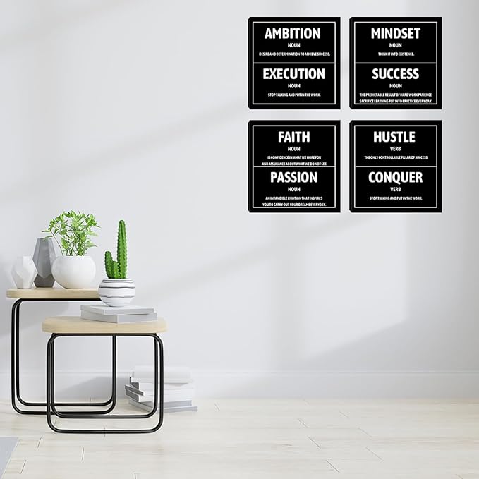 Motivational Office Wall Decor Inspirational Success Canvas Wall Art Hustle Mindset 3 Pieces Posters Prints Wall Picture Artwork Home Living Room Bedroom Framed Ready to Hang - 12"x12"x4PCS