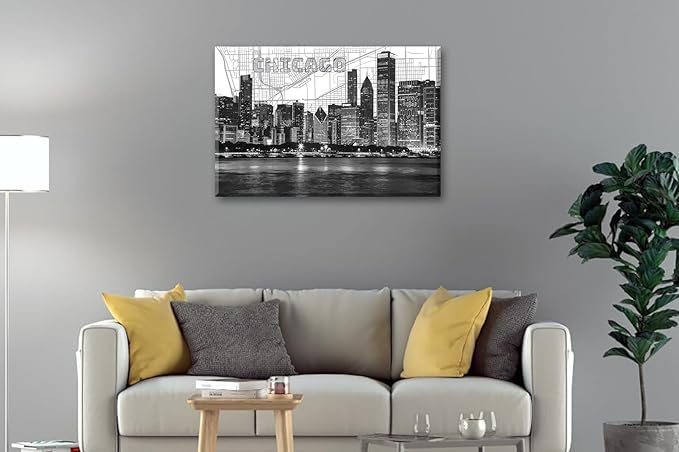 Chicago Skyline Wall Art Framed Canvas Print - Modern Black & White Panorama Cityscape Poster for Home Office Decor Ready-to-Hang Living Room Artwork 24"x36"