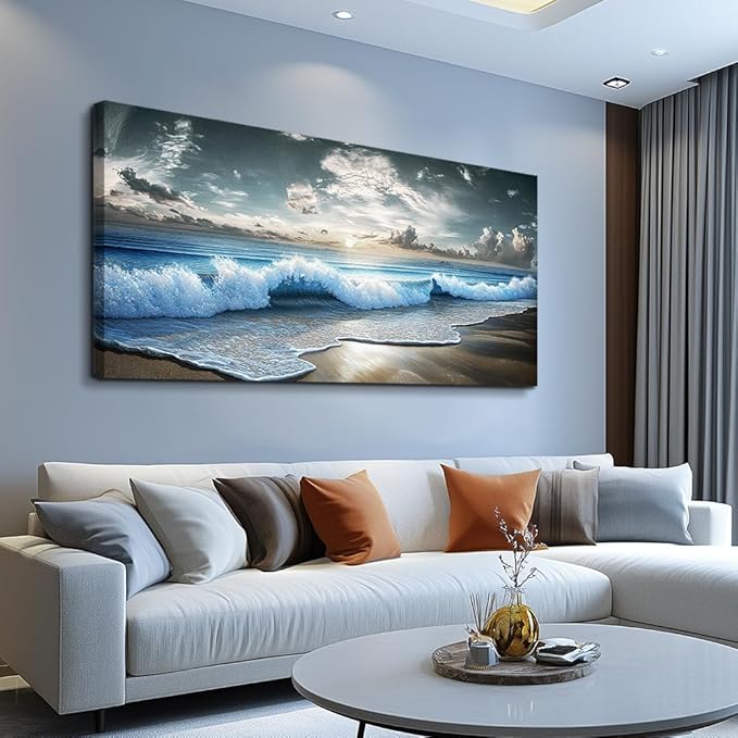 MHARTK66 Blue Ocean Canvas Wall Art Large Paintings For Living Room Landscape Nature Artwork For Walls Beach Wall Decor For Bedroom Wall Art Waves Pictures For The Dining Room Easy Hanging 20x40
