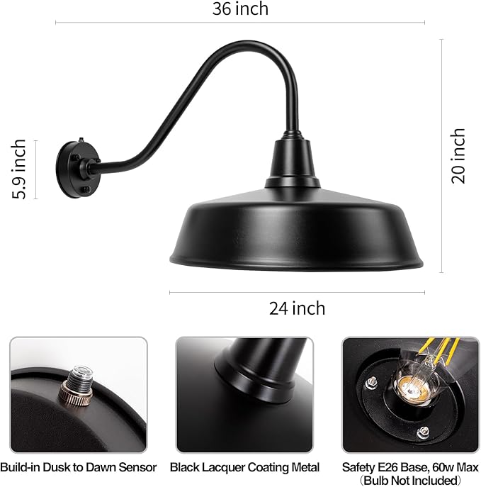 Outdoor Gooseneck Barn Light - 24 inch Farm Style Black Large Lighting Exterior Fixture Sconce Wall Lights for Farmhouse, Dusk to Dawn Sensor Front Door Porch Garage Patio 2 PCS