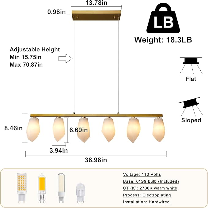 Alabaster Chandelier, 39" 6-Light Linear Chandelier with Bulb, Rectangular Chandeliers for Dining Room, Large Chandeliers for Kitchen Over Table, Island Lights Pendant Light Fixtures
