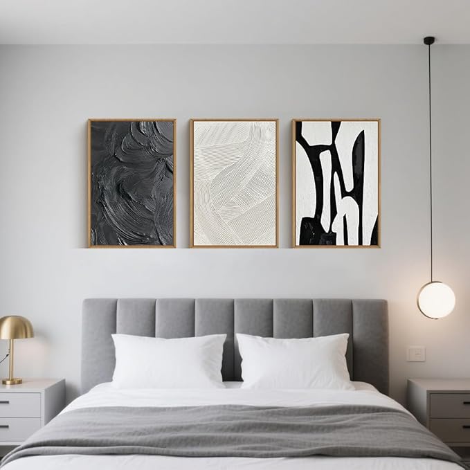 Black and White Abstract Framed Canvas Wall Art Set, Modern Textured Brushstroke Wall Decor,Neutral Minimalist Line Art Print for Living Room,Bedroom,Dining Room, Office-16 x24 x3