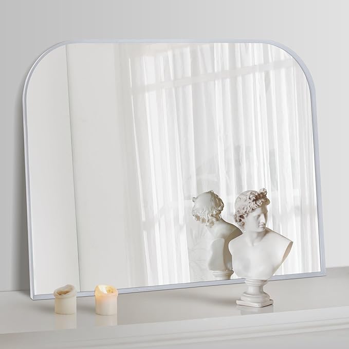 Modern Large Wall Mirror, Modern Mantel Minimalist Home Decor, Brushed Silver Metal Framed Arched Mirror for Living Room, Bedroom, Fireplace, Mantle, Entryway, Bathroom, 36" x 24", Silver