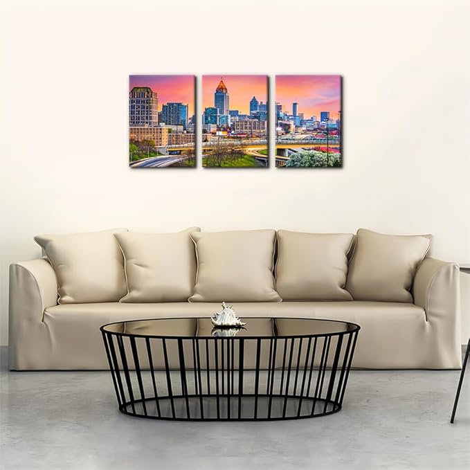 Pacimo Atlanta Cityscape Canvas Wall Art Print City Skyline at Dusk Painting Wall Decor for Living Room Home Decoration Gallery Wrapped Posters and Prints Framed Ready to Hang - 12"x16"x3 Panels