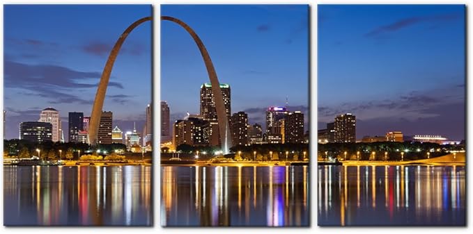 Pacimo Canvas Wall Art for Home Decor St. Louis Skyline Poster Wall Decor Gateway Arch at Sunset Canvas Prints Pictures Cityscape Modern Artwork Stretch and Framed Ready to Hang - 16"x24"x3 Panels