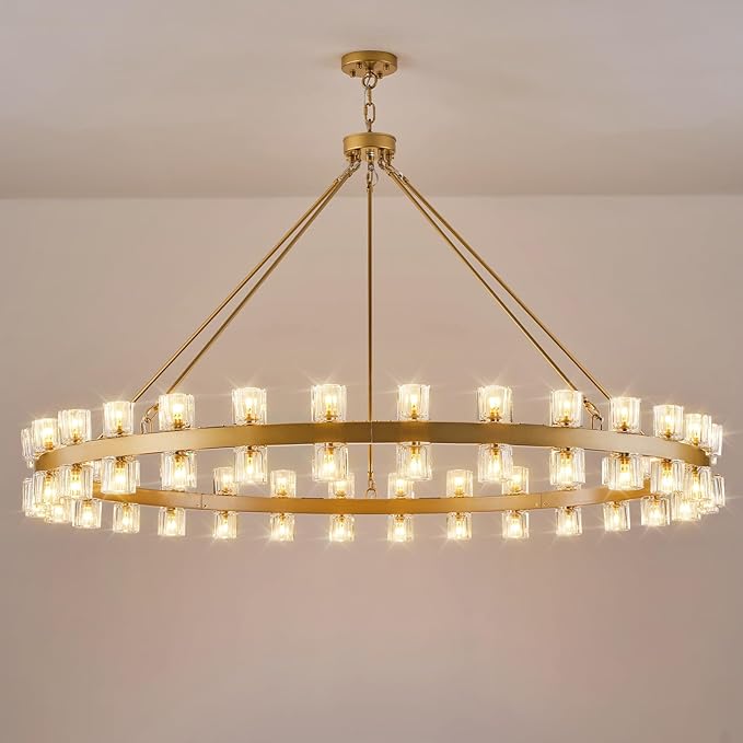 60 Inch Gold Wagon Wheel Chandelier with Crystal Shade, 60 Lights, Modern Farmhouse Style, Ideal for Dining Room, Kitchen, Entryways