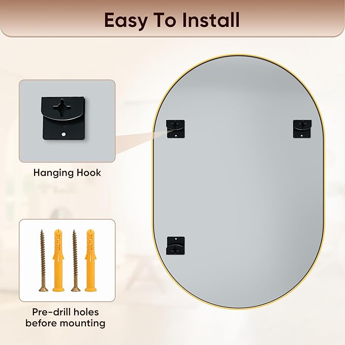 Antok Wall Mirror, 20"x36" Bathroom Vanity Mirror, Anti-Rust HD Tempered Glass, Wall Mounted Mirrors for Living Room, Entryway, Hallway, Gold Frame, Oval