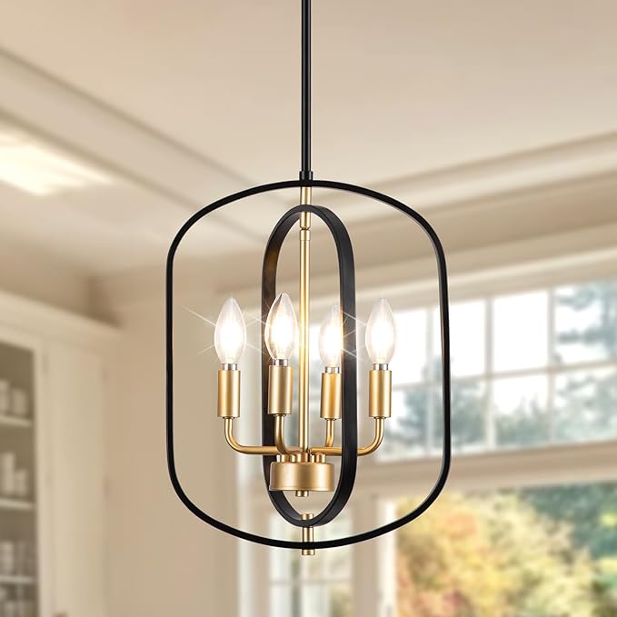 Modern Chandelier for Dining Room, Black and Gold Chandelier Light Fixture, 4-Light Farmhouse Chandelier Lights, Adjustable Rustic Chandeliers for Kitchen Island, Entryway, Foyer, Living Room