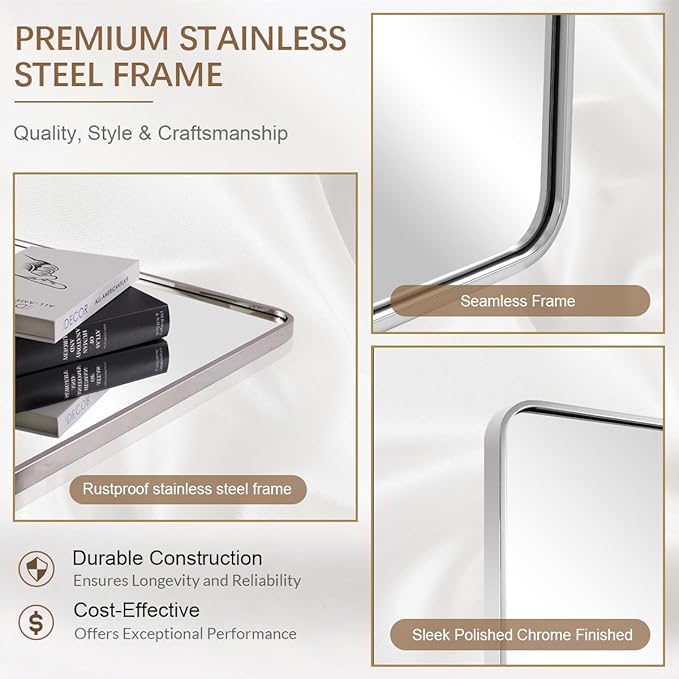 ANDY STAR Chrome Bathroom Mirror, 22x30’’ Rounded Rectangle Polished Nickel Mirror for Vanity, SUS304-Anti-Rust, Wall-Mounted Vertical/Horizontal 1’’ Deep