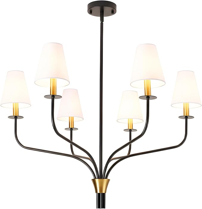 30" Modern Black and Gold Chandelier for Dining Room, 6-Light Mid Century Pendant Light with White Fabric Shade, Contemporary Ceiling Lighting for Living Room Bedroom Kitchen Island, E12