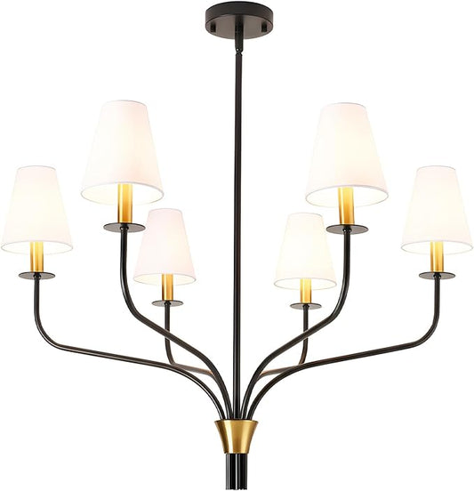 30" Modern Black and Gold Chandelier for Dining Room, 6-Light Mid Century Pendant Light with White Fabric Shade, Contemporary Ceiling Lighting for Living Room Bedroom Kitchen Island, E12