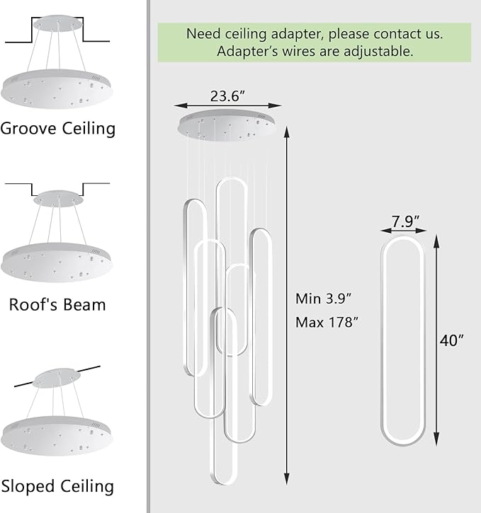 6 Rings Modern Chandelier LED Dimmable Pendant Lighting High Ceiling Chandelier for Entrance Foyer Lobby Staircaes Sliver 118''