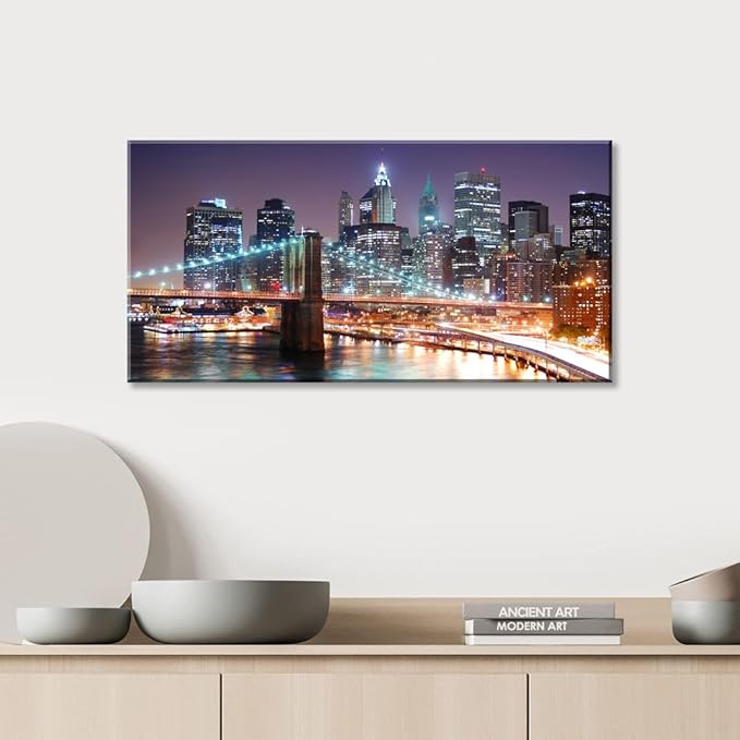 NAN Wind 1PCS New York City Skyline Canvas Wall Art Brooklyn Bridge at Sunset Golden Hour Manhattan Cityscape Pictures Canvas Artwork East River Reflection Modern Urban Home Decor Living Room Office