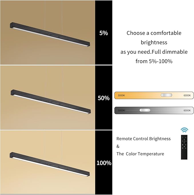 39" Black Linear Pendant Light Wooden Led Modern Linear Chandelier Ceiling Hanging Dimmable Pendant Lights for Dining Room Kitchen Island Pool Table Lights Black Wood Finish