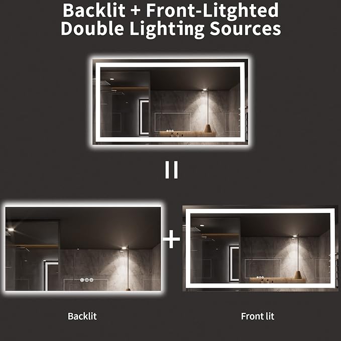 LOAAO 72X40 LED Bathroom Mirror with Lights, Anti-Fog, Dimmable, Backlit + Front Lit, Lighted Bathroom Vanity Mirror for Wall, Memory Function, Tempered Glass, ETL Listed