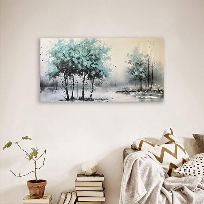 BYXART Abstract Blue Tree Wall Art Indigo Picture Forest Canvas Nature Painting for Home Decor Landscape Print Artwork Modern Textured Wrapped Artwork for Bathroom Living Room Bedroom Office 40L x20W