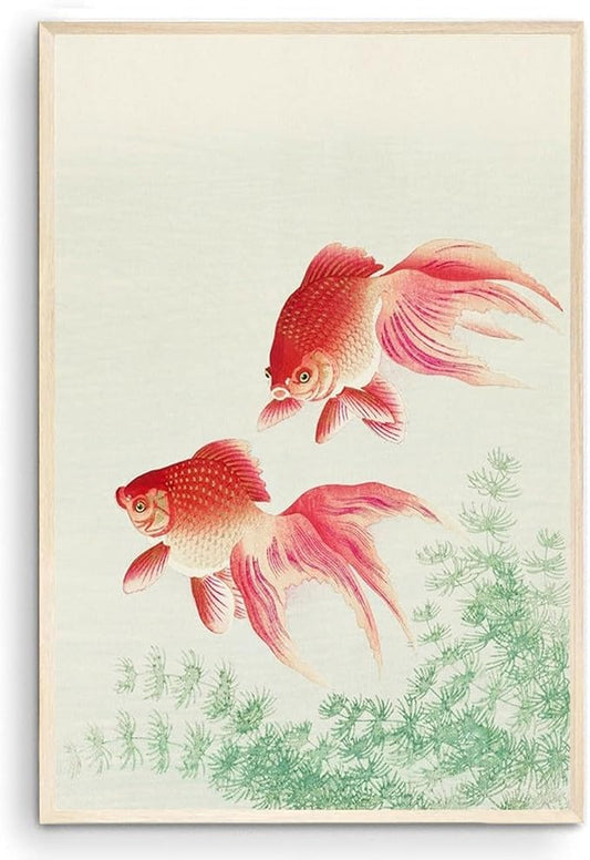 OZCONO Japanese Goldfish Wall Art Print, Vintage Ukiyo-e Style Woodblock Poster, Gold Fish Home Decor (24L x 16W)