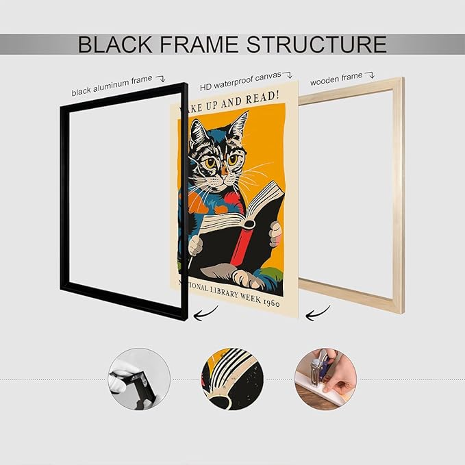 Cat and Book Poster, Wake Up and Read Inspiring Wall Art Canvas, Retro 1960 National Library Week Wall Art, Reading Art for Book Lover, Classic Gallery Wall Decor 24x36in Framed