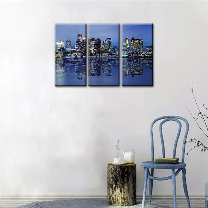 Colorful Panoramic Boston Skyline Modern Art Work Cityscape Pictures Paintings on Canvas Wall Art Wall Pictures for Bedroom Art Home Decorations Office Decor Ready to Hang (24‘’ x 12‘’ x 3 panels)
