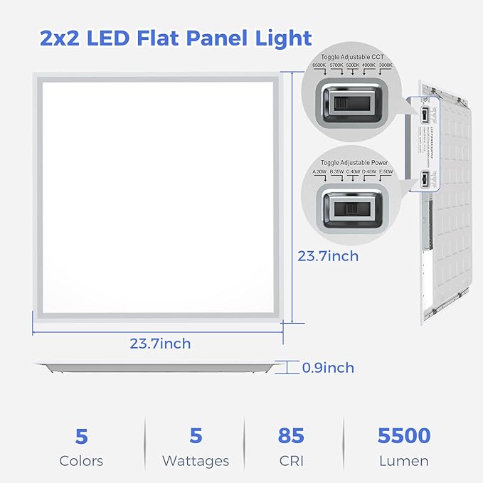 AIKVSXER 2 Pack 2x2 LED Flat Panel Light - Selectable 5 CCT 3000K-6500K & 5 Wattage 30-50W 5500Lm 0-10V Dimmable 2x2 led Drop Ceiling Lights 120-277V for Commercial and Home